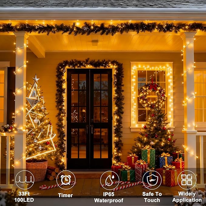 echosari Christmas String Lights Battery Powered, 33Ft 100 LED String Lights with Remote Dimmable Timer Fairy Lights for Wedding Party Garden Decor (Warm White)