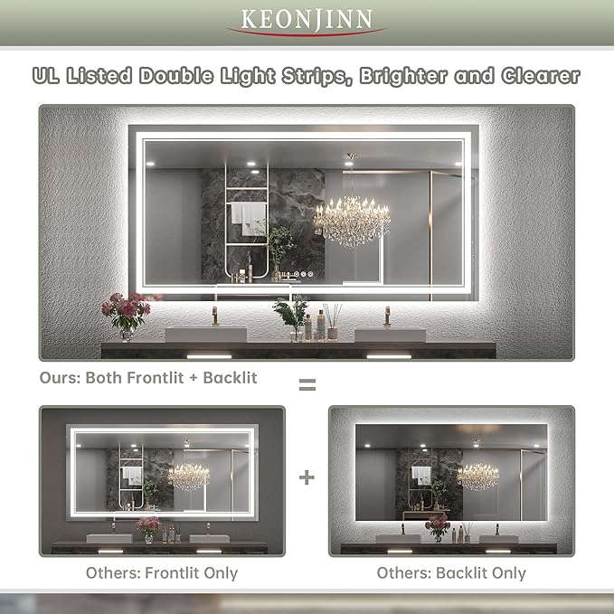 Keonjinn LED Bathroom Mirror 72" x 36" with Backlit and Frontlit, Tempered Glass Stepless 3 Colors Temperature & Dimmable Large Vanity Mirror, UL Listed LED Driver, Double Lights Anti-Fog Wall Mirror