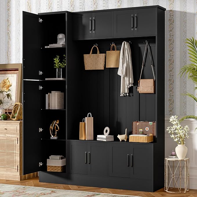 79'' Tall Modern Hall Tree with Shoe Storage and 4 Coat Hooks, 4-in-1 Entryway Bench with 6 Cabinets and Adjustable Shelf for Hallway, Living Room (Black/33f)