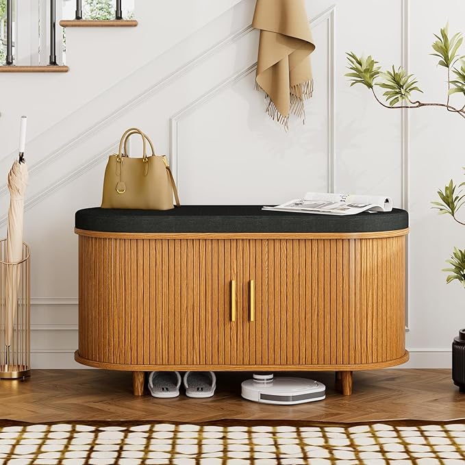 Entryway Bench with Storage: 35.4" Wooden Bedroom Shoe Bench with Thickened Padded Seat Cushion, Mid Century Modern Fluted Sliding Door and Adjustable Shelf, for Entryway, Living Room