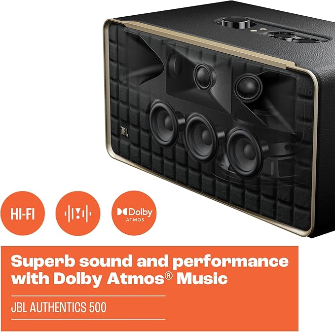 JBL Authentics 500 - Retro Style Home Speaker with Bluetooth, Voice Control, and Dolby Atmos, Multi Room Playback, Built in Alexa and Google Assistant, Automatic self tuning