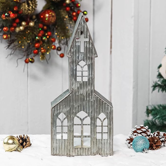 Church Shaped Tea Light Candle Holder Farmhouse Galvanized Metal Candle Holder Vintage Decorative Tealight Holder for Table Centerpiece Decoration - 5.51" x 2.36" x 12.8"