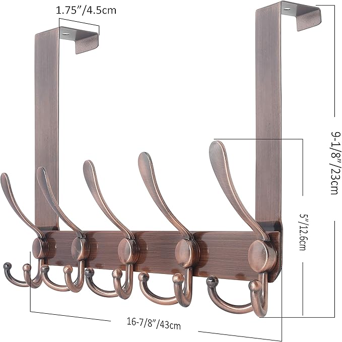 SKOLOO Over The Door Hook - for Doors up to 1-3/4'' Thickness, Metal Door Hanger with 5 Triple Hooks, Copper Red Over The Door Hanger for Coats, Hats, Towels, Assembly Required