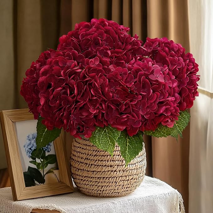 MARTINE MALL 3Pcs 21in Hydrangea Artificial Flowers, Latex Real Touch Hydrangeas Lifelike Large Hydrangea Flowers for Home Decor Party Arrangements Wedding Bouquets Centerpieces (Burgundy)