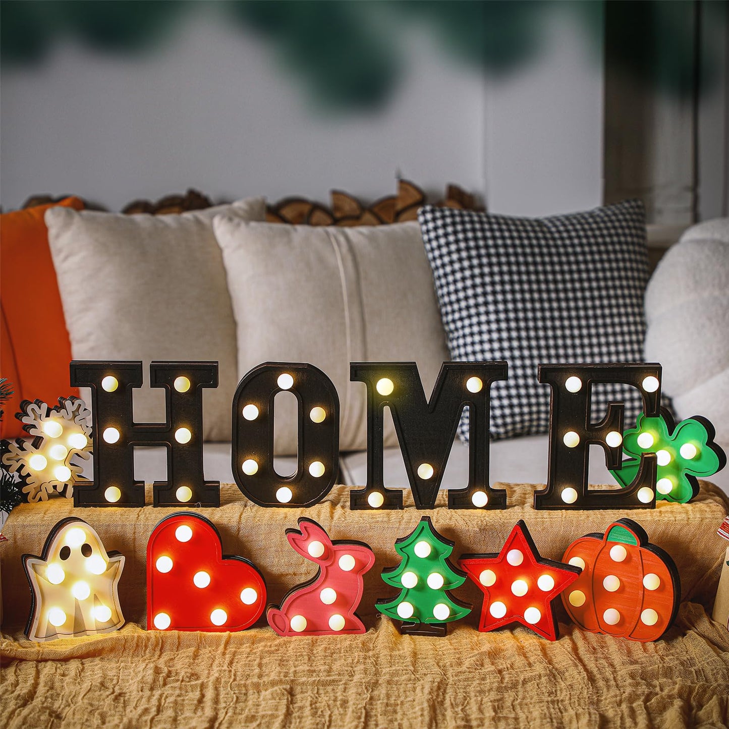 Aurelema Interchangeable Home Table Signs with 8 Pcs Seasonal Icons Wooden "home"" Letter Signs with LED Marquee Light up 4th of July Table Decorations Decorative Centerpiece for Room Decoration"