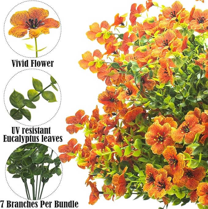 Artificial Fake Flowers for Outdoor Spring Decoration, 16 Bundles Faux Silk Colorful Daisy UV Resistant Realistic for Outside Porch Patio Home Yard Garden Planters Pots Window Box (Orange)