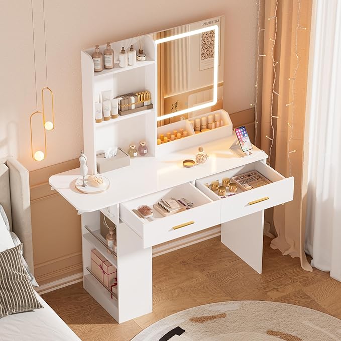 Vanity Desk with Mirror and Lights, 43.31" 4-Drawers Makeup Table Without Stool, Extra Foldable Desk with 3 Open Shelves Dressing Table for Girls and Ladies Bedroom, White and Gold