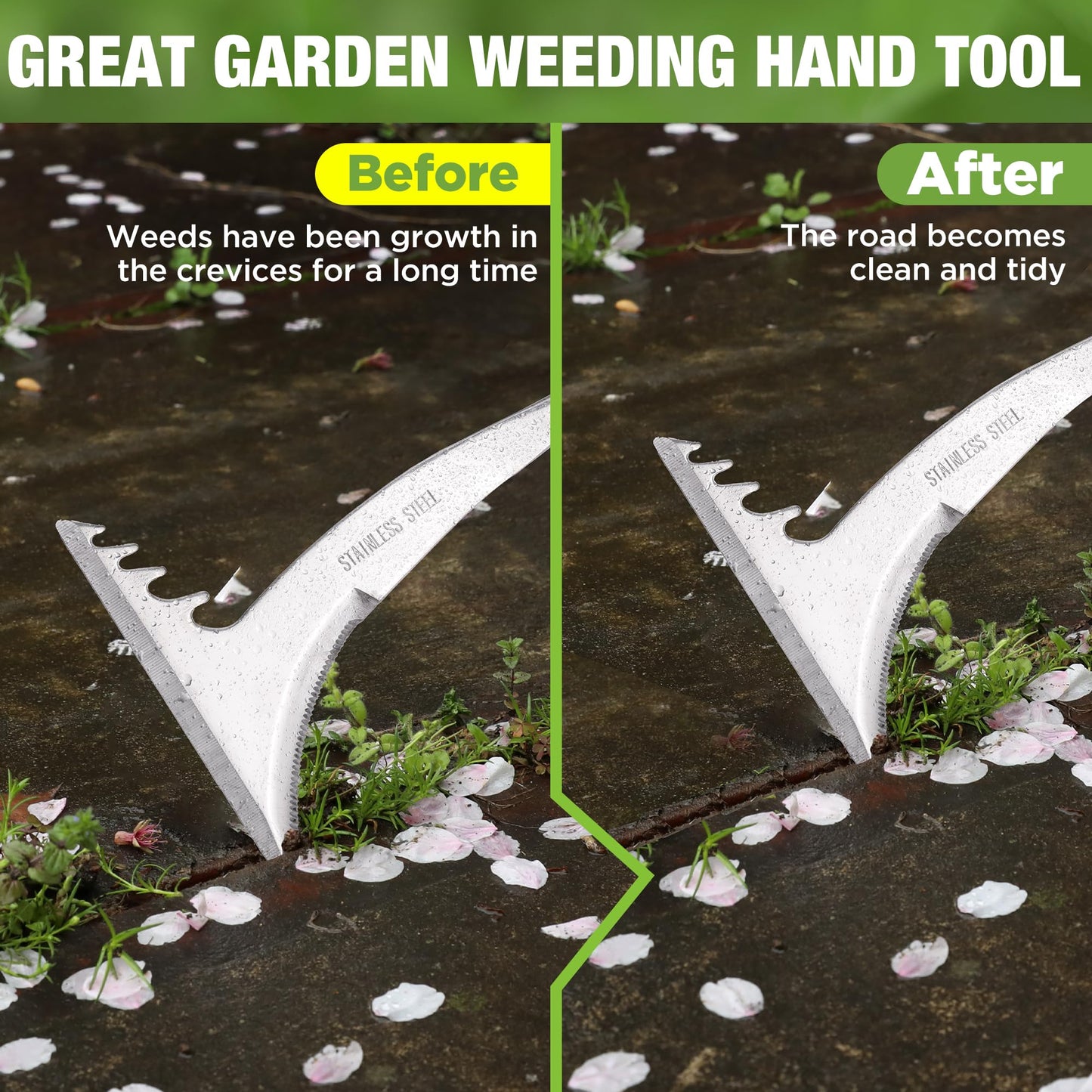 WORKPRO Crack Weeder, 13.5" Stainless Steel Crevice Weeding Tool with Wooden Handle, L-Shaped Side-Walk Weed Puller Spatula, for Garden Lawn Yard Patio Terrace Paving Garden Tool