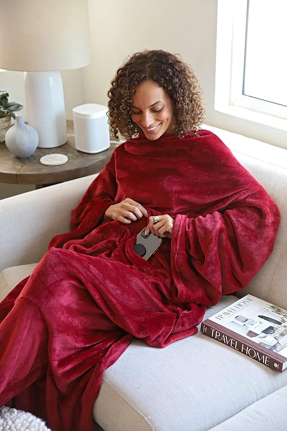 Catalonia Wearable Fleece Blanket with Sleeves and Foot Pockets for Adult Women Men, Micro Plush Comfy Wrap Sleeved Throw Blanket Robe Large, Wine