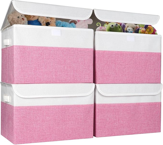Bagnizer Large 22 Quart Linen Fabric Foldable Storage Bin Cube Organizer Basket with Flip-Top Lid & Handles, Clothes Blanket Box for Home, Office, Closet, Pink & White, 4 Pack 14.6 x 9.5 x 9.5