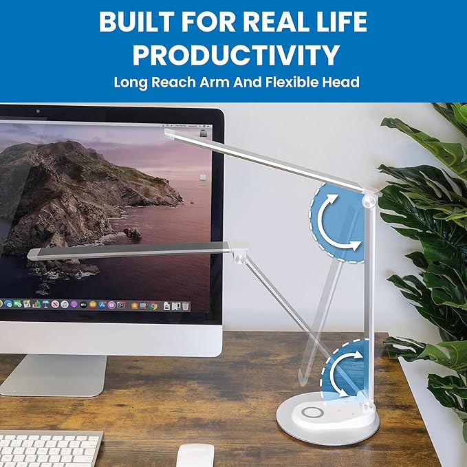 Mount-It! LED Desk Lamp with Wireless Charger and USB-C Charging Port, Dimmable Desk Lamp with 25 Brightness and Color Modes, for Home or Office, Adjustable Arm, Silver/White