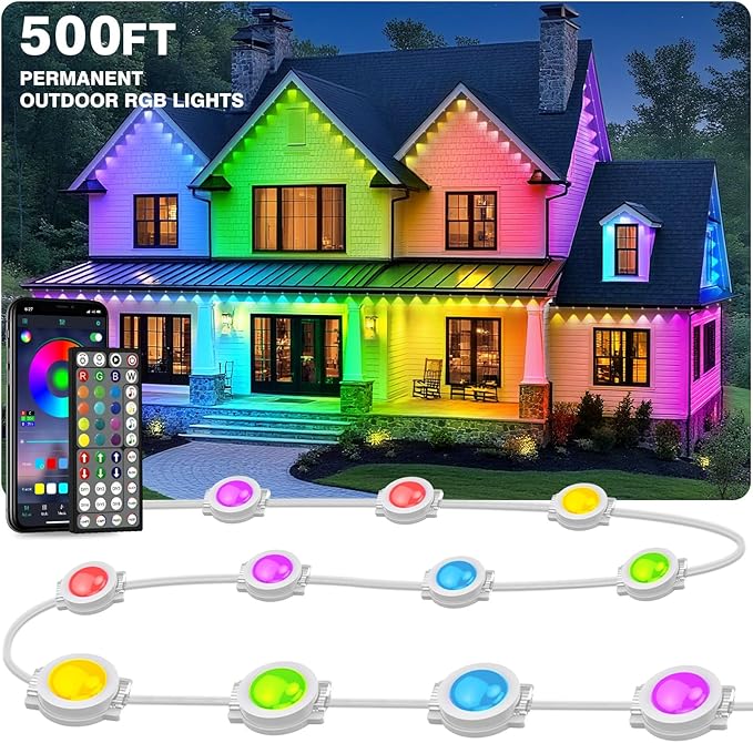 LITSOUL 500FT Permanent Outdoor Lights for House Waterproof, Smart RGB Eave LED Lighting with 16 Million Colors, IP67 Outdoor Strip Lights for Christmas Halloween Holiday Daily Decorations(500FT)