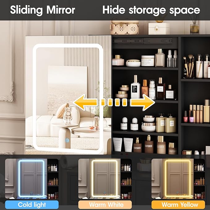 Makeup Vanity Desk with LED Lighted Sliding Mirror, Vanity Table with Jewelry Cabinet and 4 Drawers, Charging Station & Lots Storage Shelves, Adjustable Brightness, Dressing Table Cushioned Stool Set