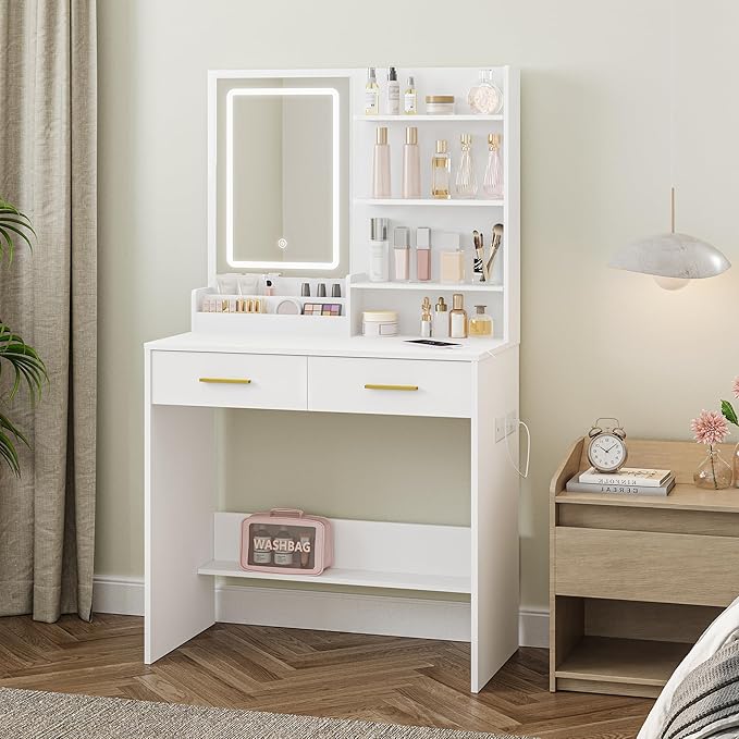 Vanity Desk with Mirror, Makeup Vanity with Led Lights, Dressing Table with Power Outlet, Drawers, 3 Color Modes, White WX321HDT