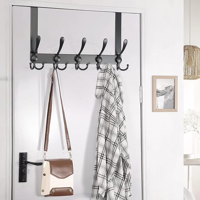 Dseap Over The Door Hook Hanger - Fits 1 3/8" to 1 3/4" Standard Doors | 5 Tri Hooks Heavy Duty Towel/Coat Rack | Door Organizer for Clothes, Jackets, Hats, Towels, Black, Pack of 2