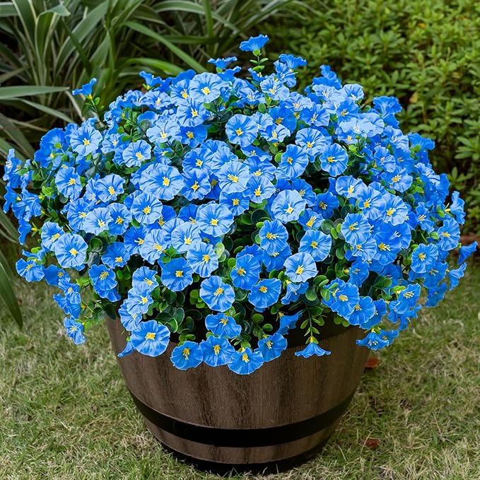 Artificial Faux Flowers for Outdoor 16 Bundles Boxwood Fake Morning Glory for Planter,UV Resistant Fake Flowers for Home Porch Patio Outside（Blue）