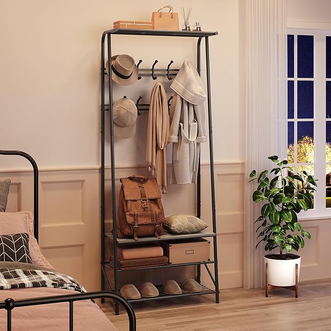 Coat Rack, 4-In-1 Hall Tree, Entryway Shoe Bench Coat Standwith Metal Frame, 3-Tier Shelf and 10 Hooks for Entryway,Hallway, Bedroom