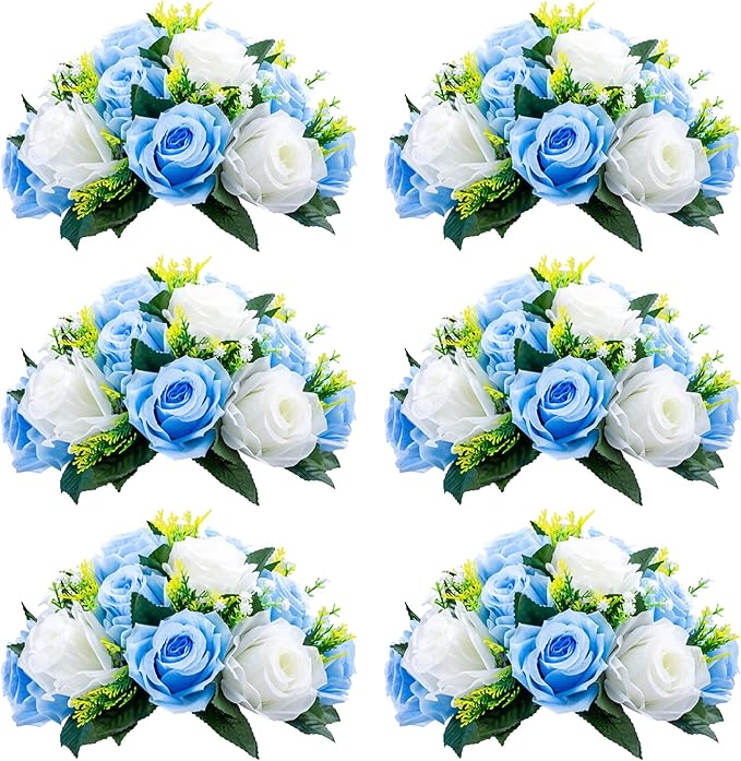 NUPTIO Pcs of 6 Fake Flower Ball Arrangement Bouquet,15 Heads Plastic Roses with Base, Suitable for Our Store's Wedding Centerpiece Flower Rack for Parties Valentine's Day Home Décor (Blue & White)