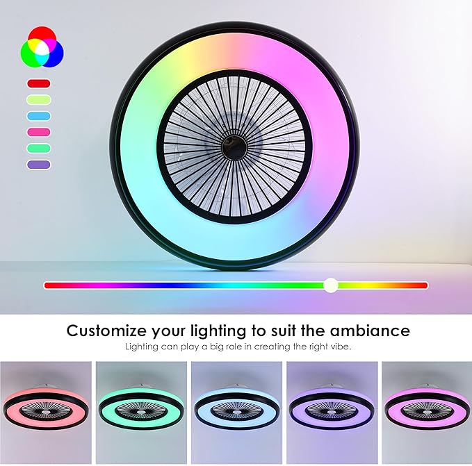 24" Bladeless Ceiling Fan with RGB Light Remote, Smart LED Ceiling Fans with Voice/App Control, Modern Low Profile Dimmable Light Ceiling Fan for Bedroom Living Room Black