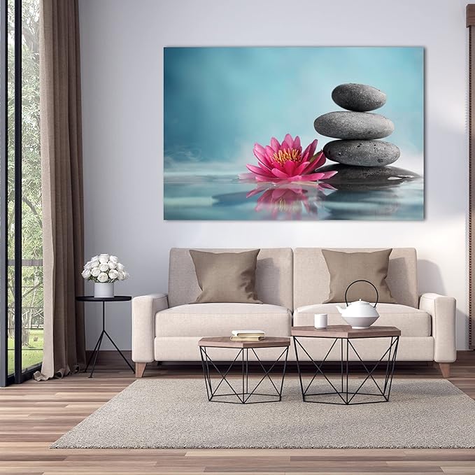 Zen Wall Art Decor, Modern Bathroom Zen Decor Wall Art, Large Zen Relaxing Canvas Wall Art for Spa Room Decor, Black Pebble and Pink Flower Zen Art Prints for Office & Spa Wall Decor 32x48 Inches