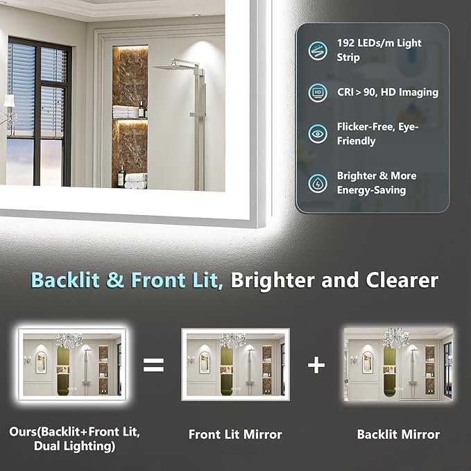 77x36 Brushed Nickel LED Bathroom Mirror with Lights, Sliver Framed Backlit and Front Lit Anti-Fog Lighted Vanity Mirrors for Bathroom Wall, Dimmable, 3 Colors, Memory, Tempered Glass, CRI＞90