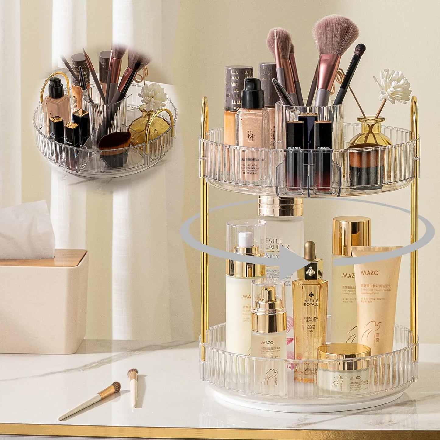 Rotating Makeup Organizer for Vanity, High-Capacity Skincare Clear Make Up Storage Perfume Organizers Cosmetic Dresser Organizer Countertop 360 Spinning (Clear, New-2 Tier)