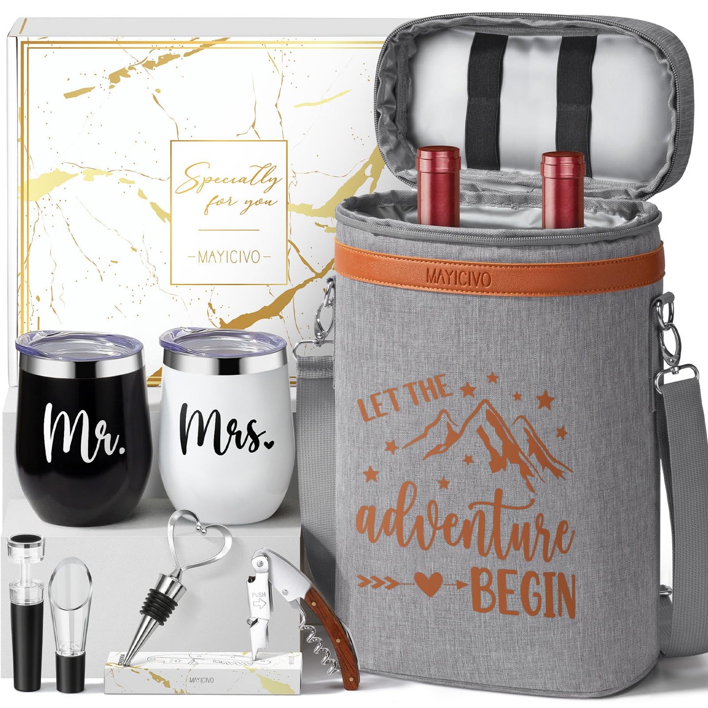 Wedding Gifts for Couples, Mr and Mrs Wine Tumblers Gifts - Engagement, Bridal Shower, Newlywed, His & Hers, Valentines Day, House Warming-Insulated Wine Cooler Tote Bag w/ Wines Accessories Gift Set