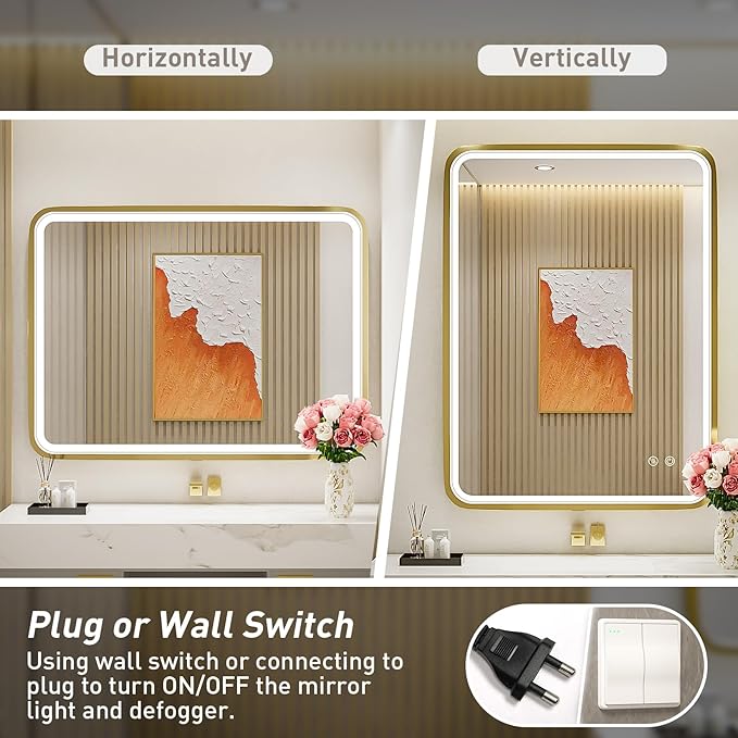 28x36 Inch LED Bathroom Mirror with lights,Wall Mounted Lighted Vanity Mirrors with Non-Rusting Gold Metal Frame Anti-Fog Memory Funtion Stepless Dimmable for Bathroom Decor(Horizontal&Vertical)