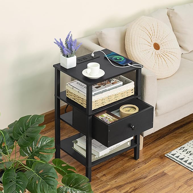Lerliuo Nightstand with Charging Station and USB Ports, 3-Tier Storage End Table with Drawer Shelf, Night Stand for Small Spaces, Wood Bed Side Table for Living Room, Bedroom - Classic Black