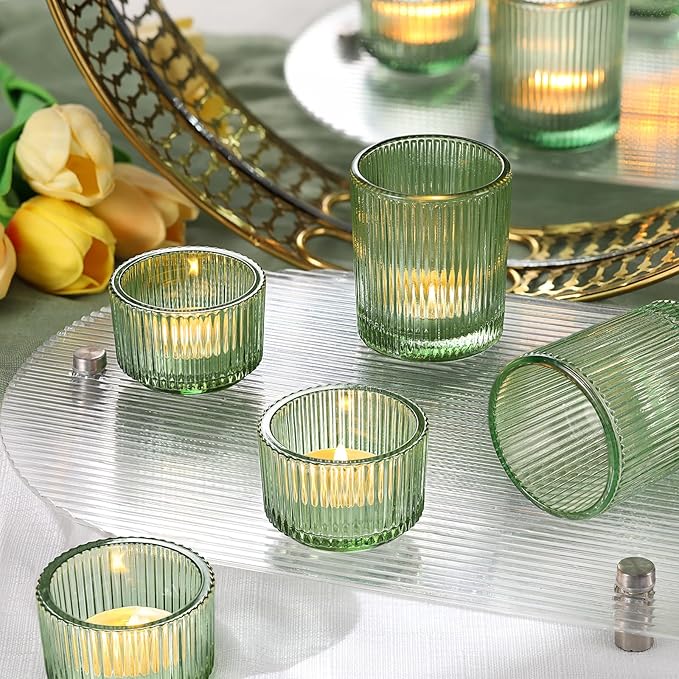 10pcs Ribbed Green Votive Candle Holders for Wedding Table Decor, Assorted Tea Light Candle Holder Glass, Green Candle Holders for Table Centerpieces, Brithday and Tea Party Decorations