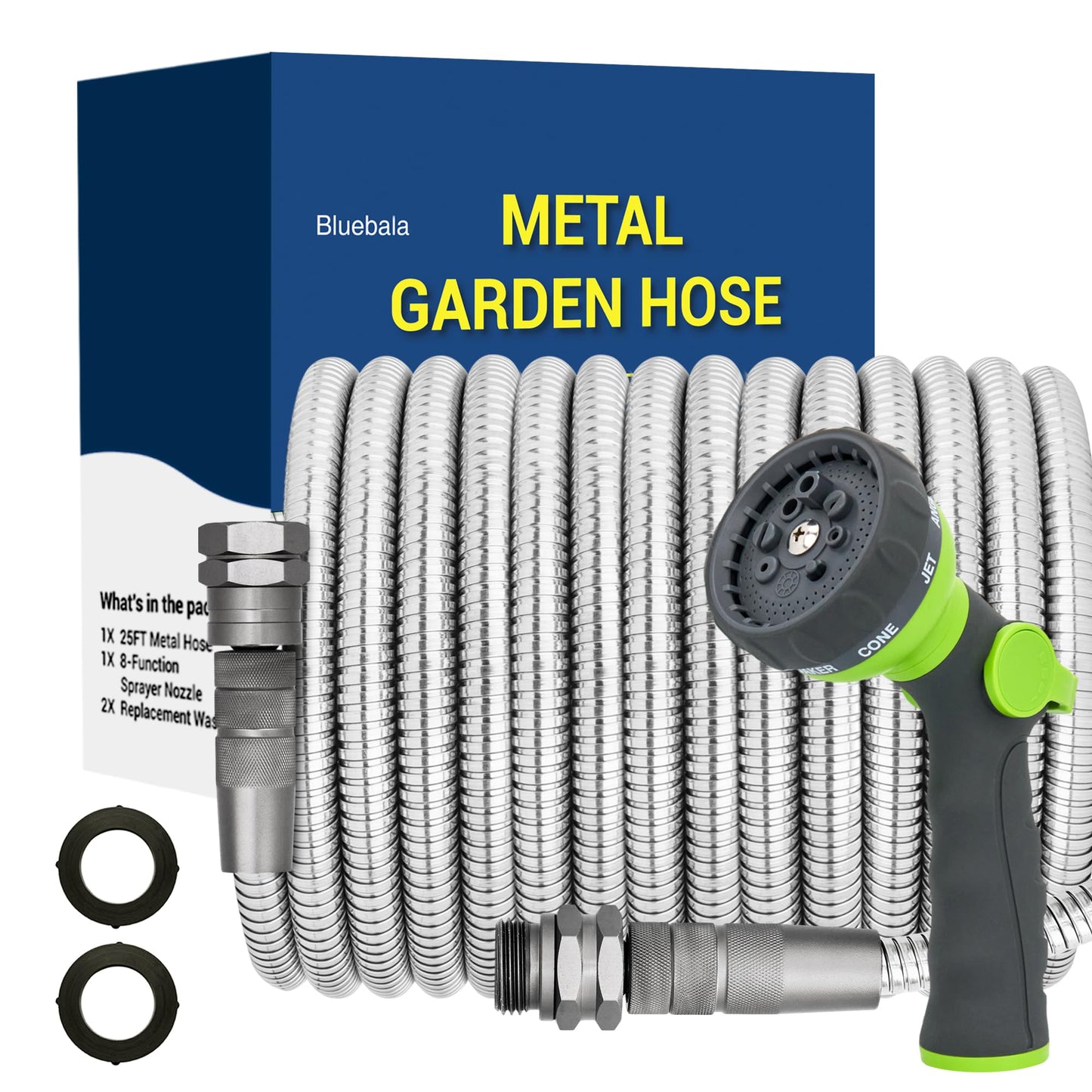 75 FT Stainless Steel Garden Hose – Heavy Duty 304 Metal Hose, 500+ PSI Burst Strength, No-Kink, Dog Bite & Puncture Resistant, Swivel-End Fittings, 8-Mode Nozzle for Large Gardens, Outdoor Use
