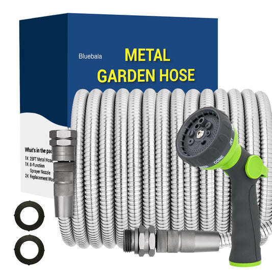 100 FT Stainless Steel Garden Hose – Long Reach 304 Steel Metal Water Hose, No-Kink, Leak-Proof Swivel Fittings, Puncture Resistant, 8-Pattern Nozzle for Large Yards, Driveways, Farm Tasks