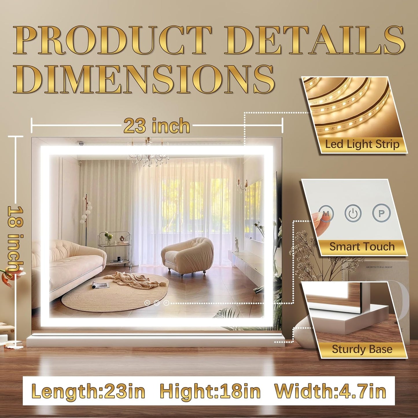 23x18 Inch Lighted Vanity Mirror, 3-Color Dimmable LED & Touch Control - Large Makeup Mirror for Dressing Room (Wall/Tabletop Mount)
