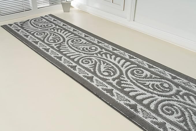 Custom Length Cut to Size Tribal Ethnic Southwestern Inspired Hallway Runner Rug, Non Slip Rubber Backed, 31 inch Wide X Customized Length, Mayan Grey, 31 inch X 18 feet