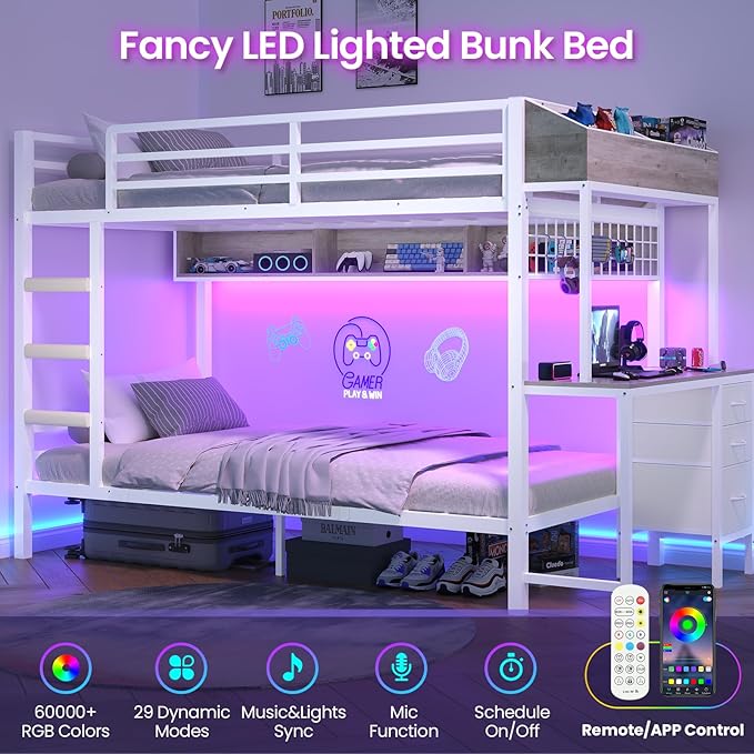 VIAGDO Bunk Bed Twin Over Twin with Charging Station and LED Lights, Heavy Duty Metal Bunk Bed with Desk and 3 Storage Drawers, Utility Storage Shelf and Boxes, No Box Spring Needed, White