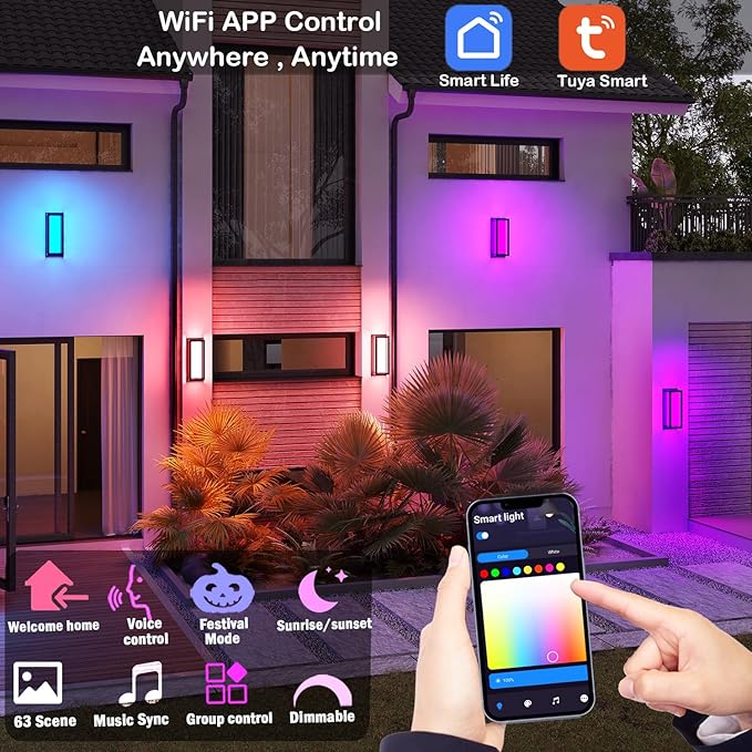 Smart Outdoor Lights Color Changing 2 Pack, RGB+2700K-6500K Outdoor Wall Sconce Aluminum Exterior Lighting Fixtures Waterproof Antirust, APP Control Up and Down Lights