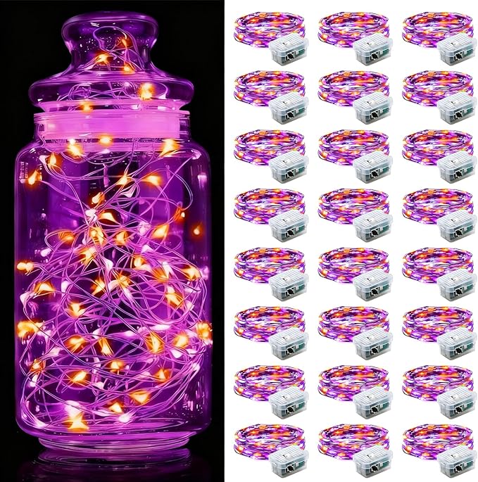 Aogist 24 Pack Fairy Lights 3 Modes 7ft 20 LED Waterproof,Battery Operated Silver Wire Firefly Starry Moon Mini String Lights for Mason Jars Christmas DIY Crafts Wedding Party Bedroom,Orange&Purple