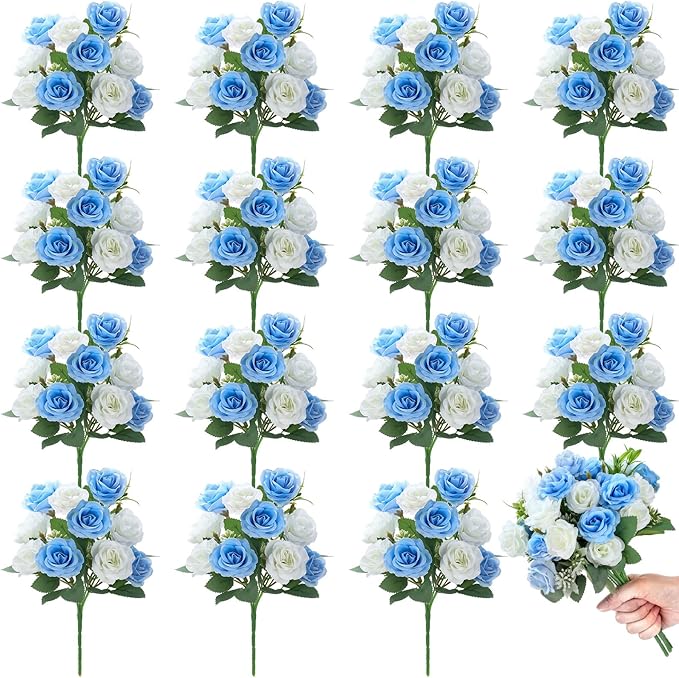 Zeyune 16 Bunches 12 Inch Artificial Mini Rose Bouquet 160 Heads Bridal Flower Bouquets Fake Silk Rose Bulk for Wedding Bridal Shower Christmas Home Office Garden Decoration(White and Blue)