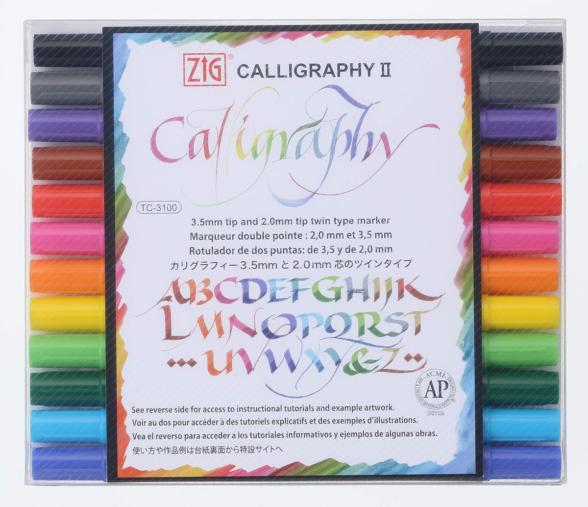 Kuretake ZIG Calligraphy Marker Pens, 12 Colors set, 2mm & 3.5mm Dual Tip Markers, for Writing & Hand Lettering, for Professional, Beginner, Water-based dye ink, Made in Japan