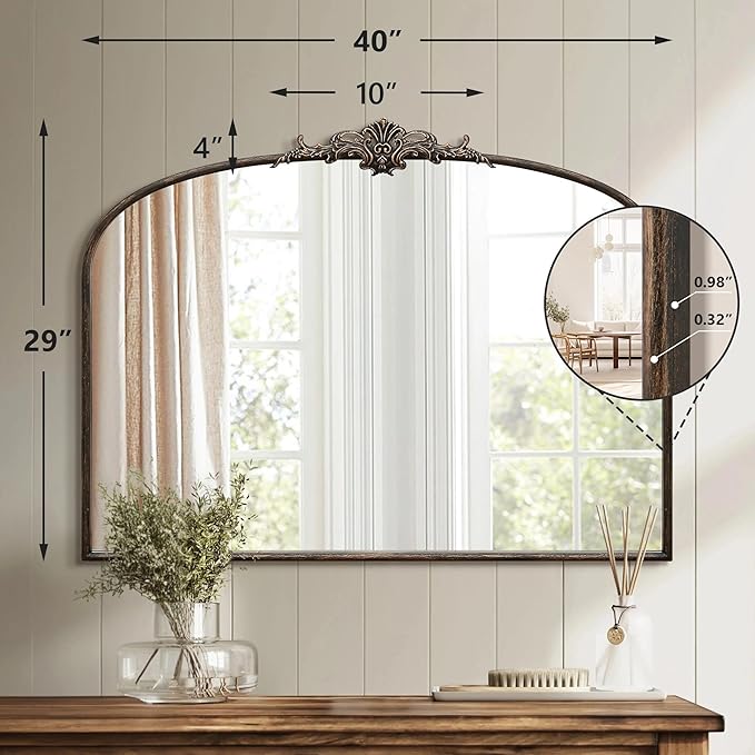 Besdomus Vintage Arched Black Mirror: 40"x29" Large Arch Antique Wall Mounted Mirror - Baroque Traditional Ornate for Entryway/Living Room/Fireplace/Bathroom- Home Decor for Interior Designers