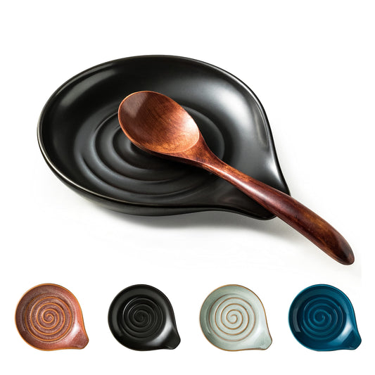 Cormomu Spoon Rest, Porcelain Drip Tray for Multiple Utensils, Cooking&Large Spoon Holder for Stove Top, Modern Farmhouse Kitchen Decor Utensil Holder for Spoons, Ladles, Tongs&Spatula, Black