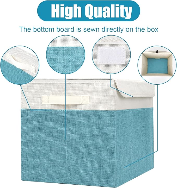 Large 17" 42 Quarts Collapsible Stackable Storage Bins with Lids [3-Pack] Foldable Fabric Linen Storage Boxes Cube, Closet Organizer Baskets with Label for Home (16.7 x 12 x 12", Teal & White)