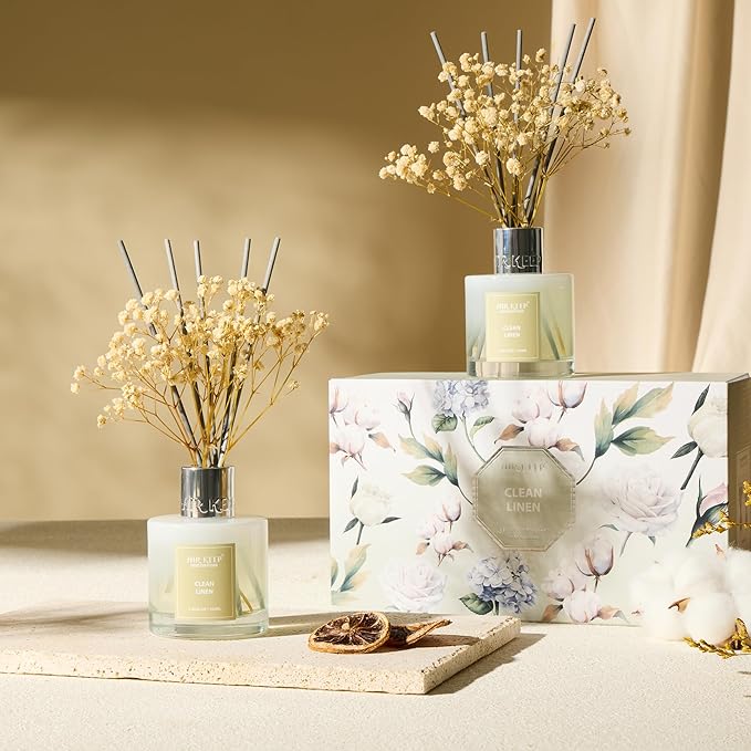 Airkeep Reed Diffuser 3.38 oz (100ml) 2pk, Clean Linen Scented Reed Diffuser Set,Reed Diffuser & Oil Diffuser Sticks, Aromatherapy, Airkeep Reed Diffuser Set Box 2-Clean Linen
