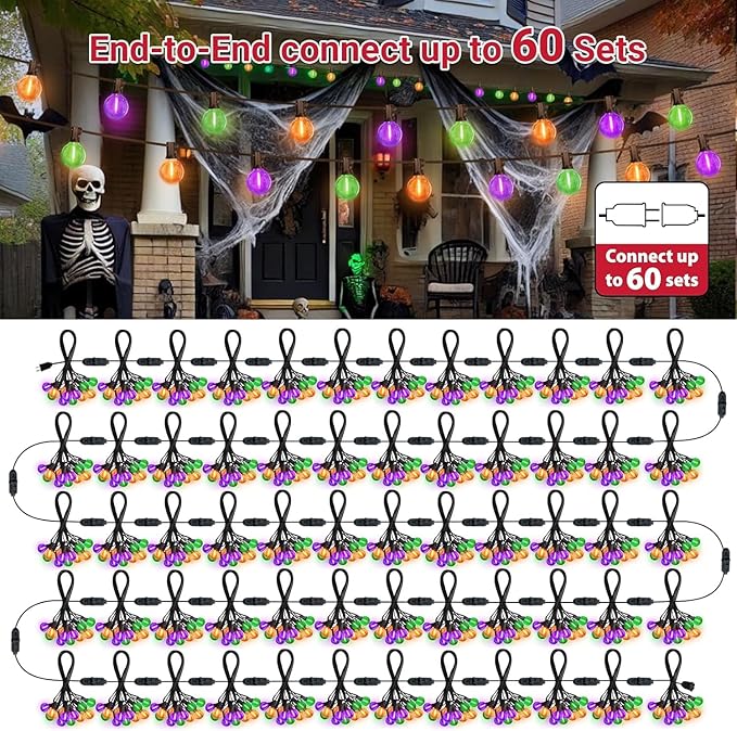 LAMPHOME Globe Outdoor Halloween String Lights, 4 Pack 26FT Patio Lights with 12+1 Edison Shatterproof Bulbs, Connectable Dimmable Waterproof for Backyard Porch Halloween Decor, Orange Green Purple