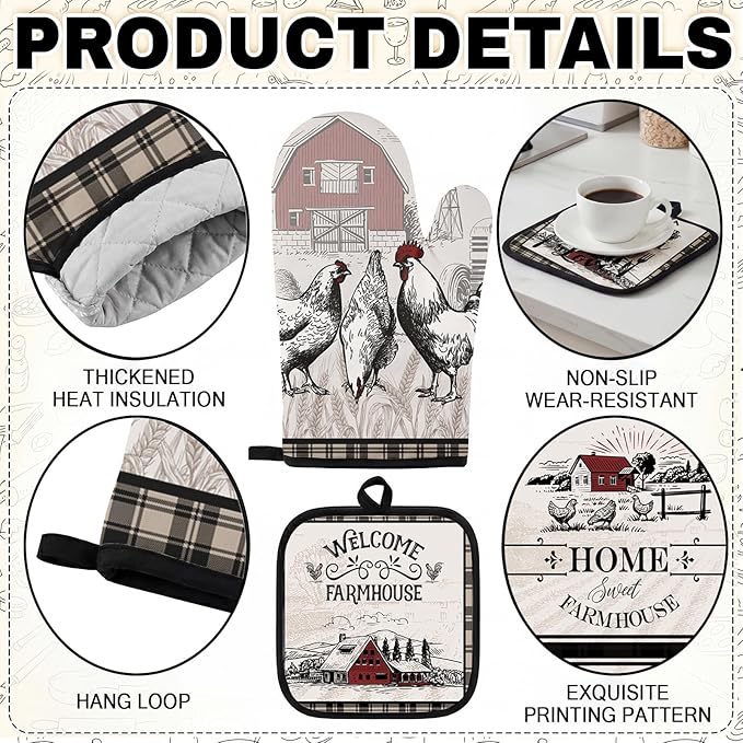 Rooster Kitchen Decor Set 10 Piece - Farmhouse Chicken Red Barn Kitchen Mats, Towels, Oven Mitts and Pot Holders - Primitive Country French Style Home Decoration
