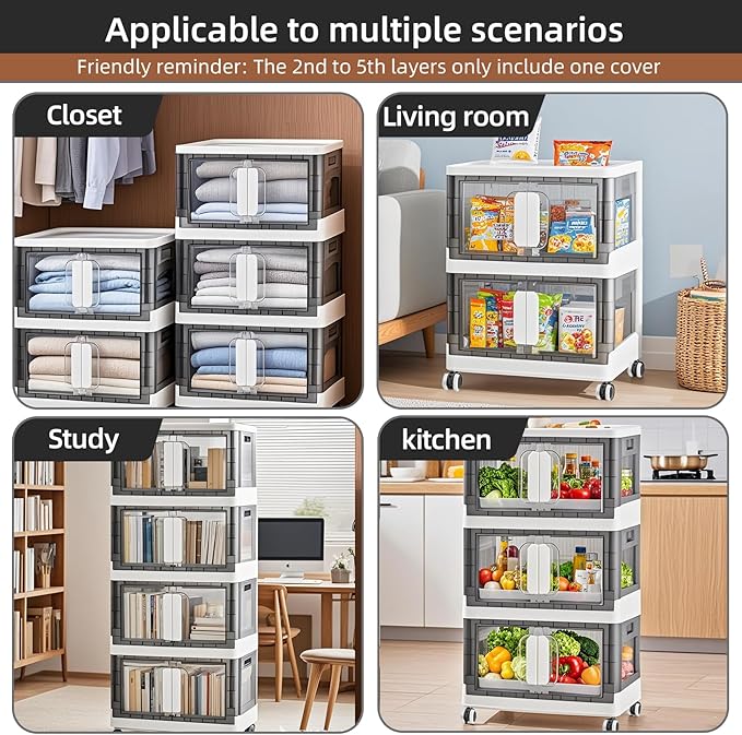 Folding Storage Organizer with Silent casters | Stackable Design for Home & Office, Heavy-Duty Plastic Storage Bin with Clear Door, 3 Sizes (19.5/23.5/27.5in),Black/White (23.6" 5 layer, White)