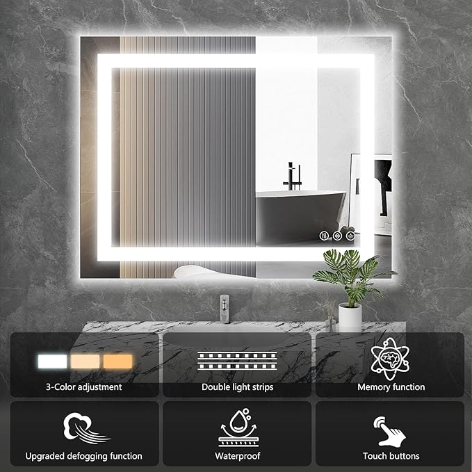 DUMOS 36"x 24" LED Bathroom Mirror with Lights, Dimmable Anti-Fog Front Lit Backlit Lighted Wall Mounted Rectangle for Vanity Makeup Memory Function Tempered Glass Shatter-Proof Horizontal&Vertically