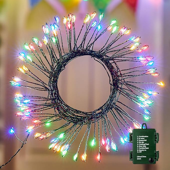 Fairy Lights Battery Operated, 10 FT 120LED Twinkle Firecracker String Lights with 8 Lighting Modes & Timer, Waterproof Cluster Light for DIY Outdoor Wreath Wedding Christmas Decoration, Multicolor