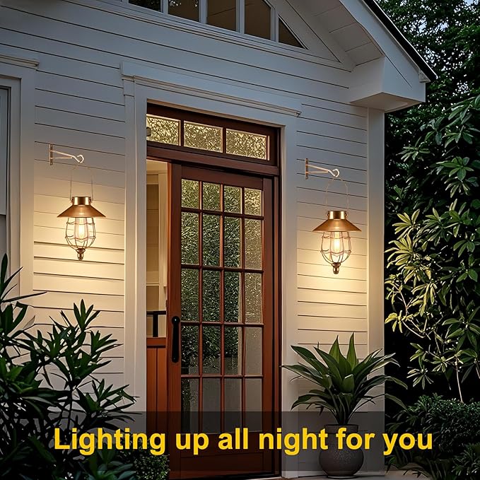 Solar Lanterns Outdoor Hanging Metal Vintage Lantern Warm White Solar Lights lamp Waterproof Edison Bulb Design for Pathway Garden Patio Yard Tree Decoration (2 Pack Copper)