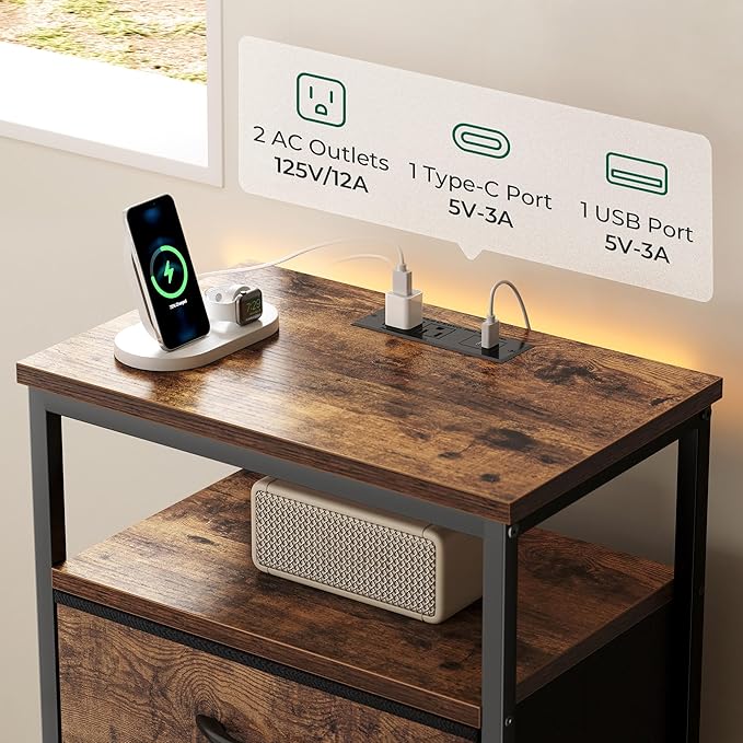 Huuger Night Stand with Charging Station, 4 Drawer Dresser for Bedroom, Bedside Table, 33.9 Inch Tall Nightstand with Open Shelf, End Table, for Closet, Entryway, Bedroom, Rustic Brown